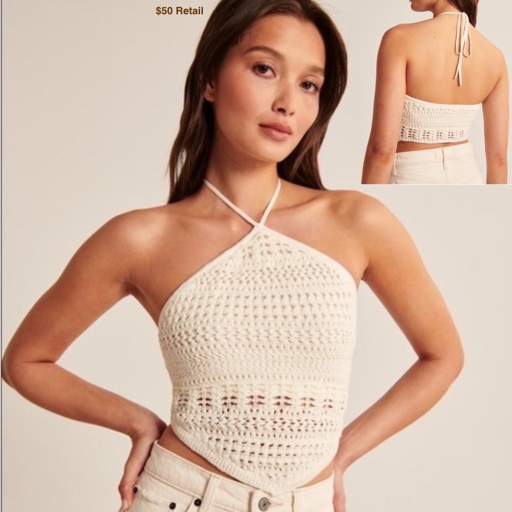 ABERCROMBIE & FITCH Crochet Halter Top Size M Bandana Hem Cream Boho Festival